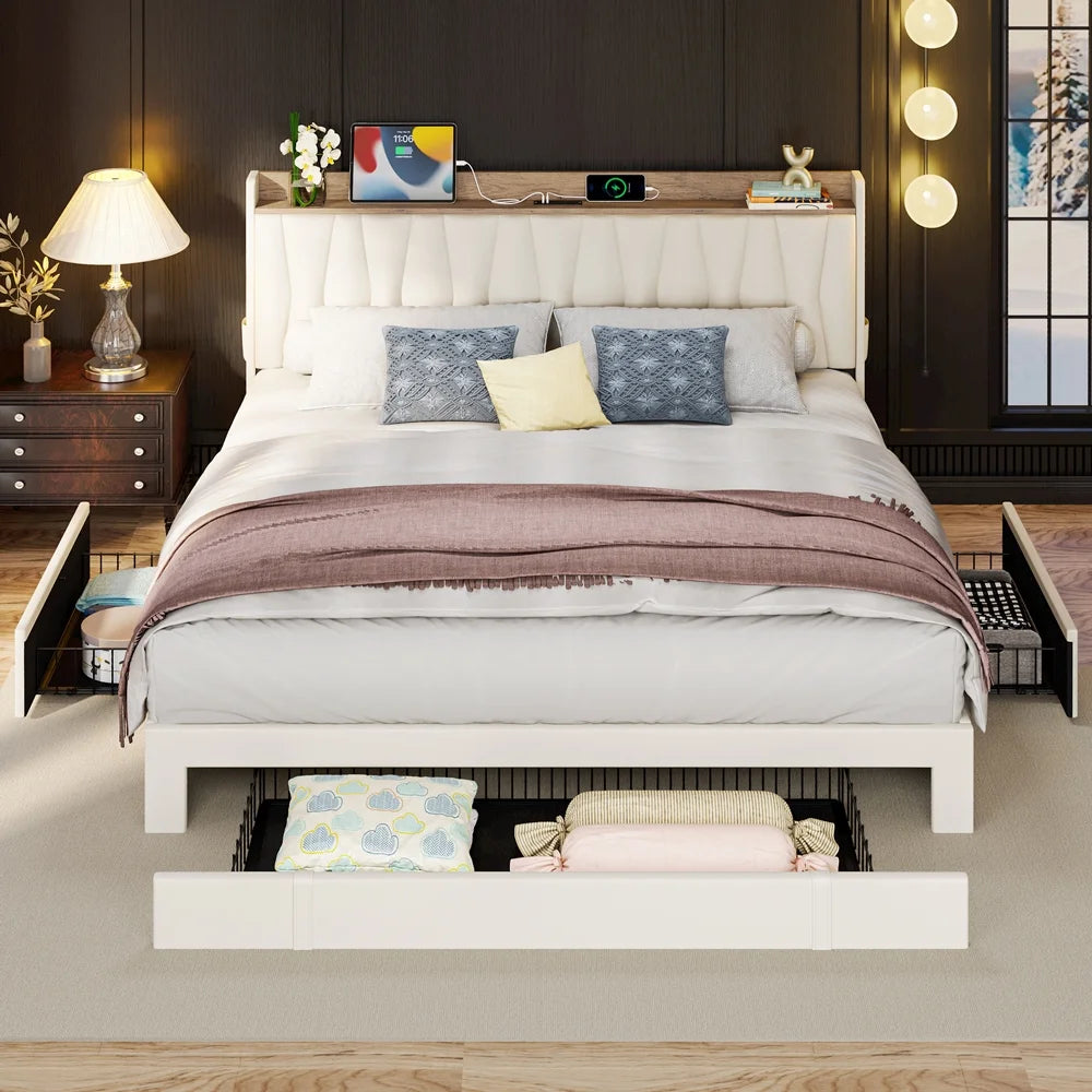 Queen Bed Frame with Upholstered Storage Headboard and 3 Drawers J556743