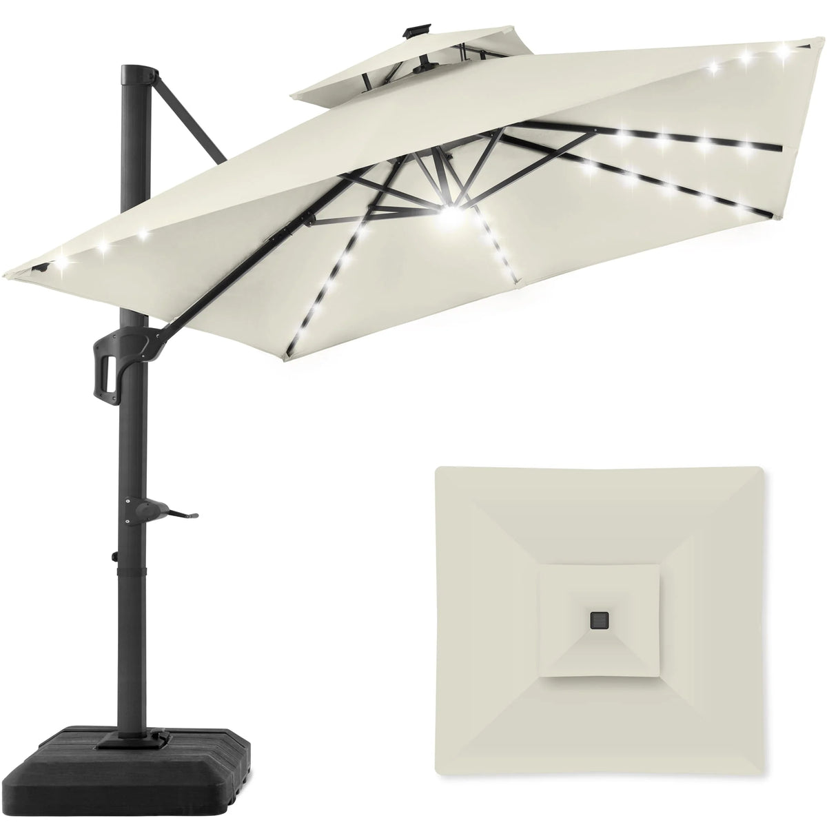 10x10ft 2-Tier Solar LED Cantilever Patio Umbrella with Base F661