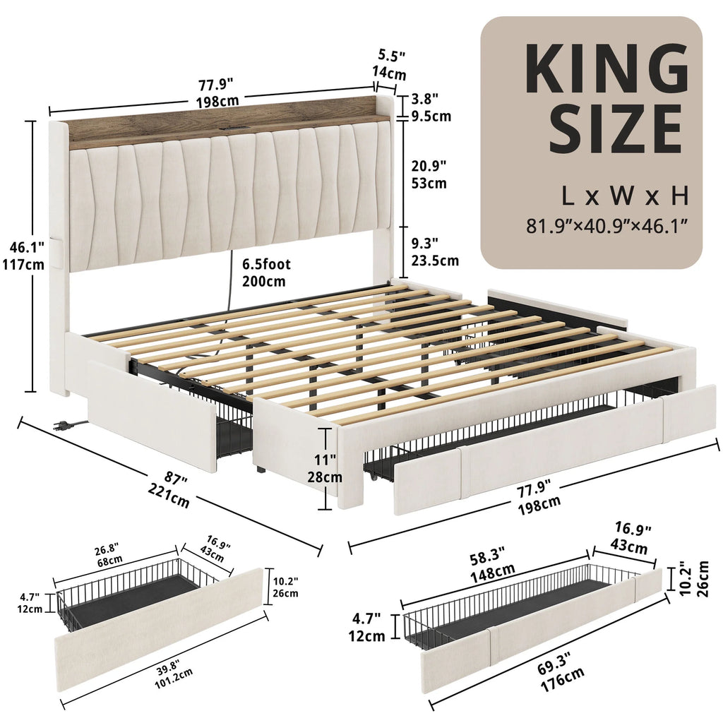 Queen Bed Frame with Upholstered Storage Headboard and 3 Drawers J556743