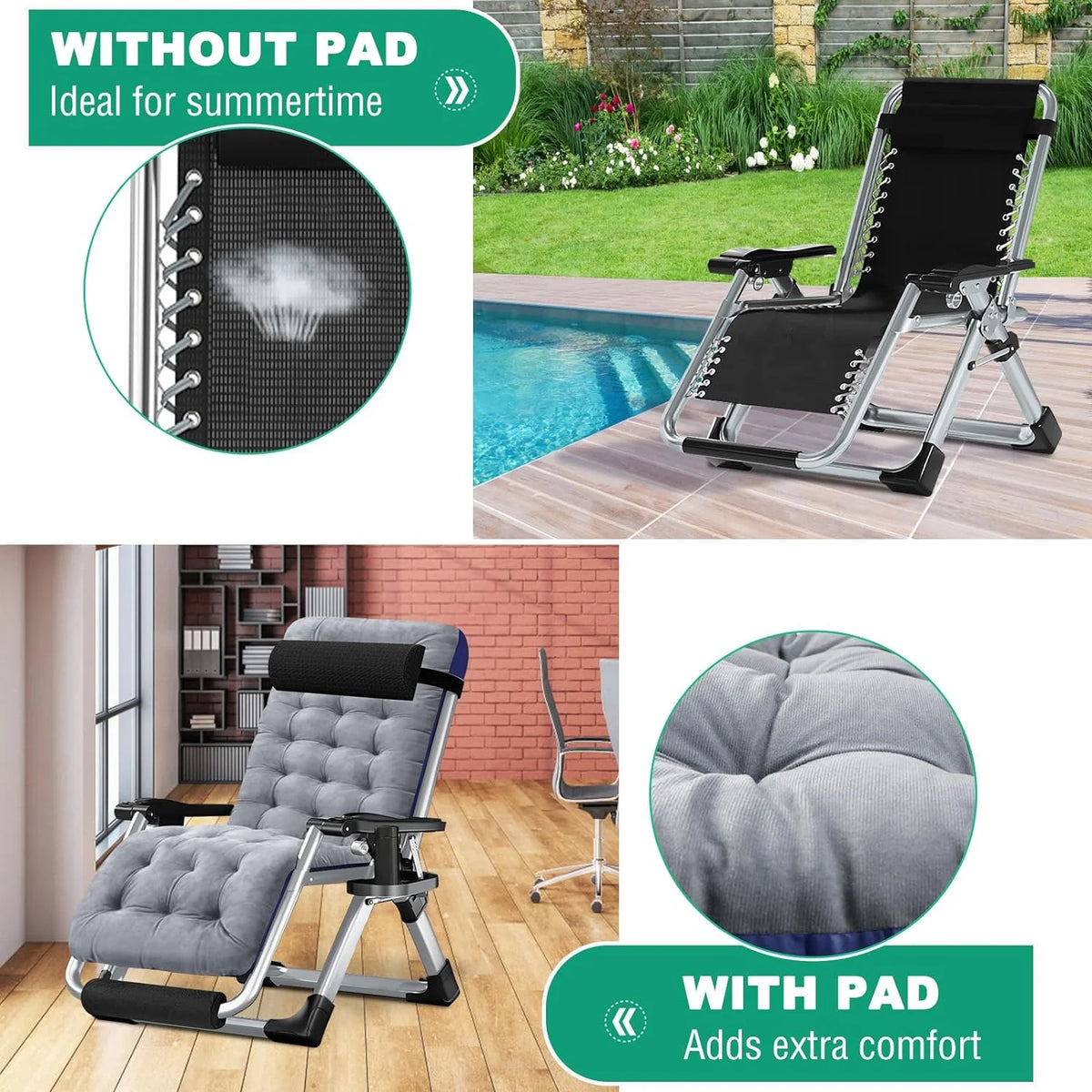 XL Zero Gravity Folding Reclining Lounge Chair with Cushion & Tray D398