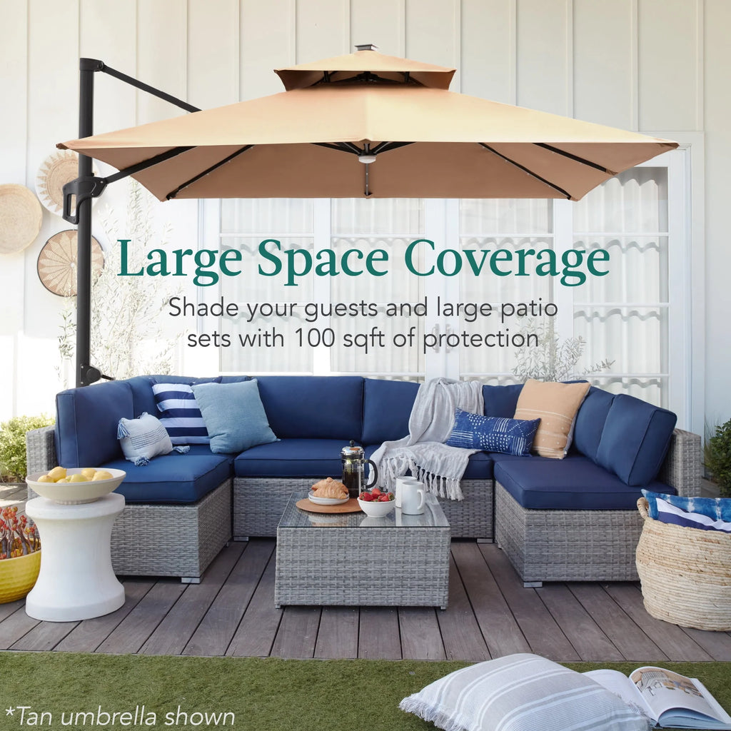 10x10ft 2-Tier Solar LED Cantilever Patio Umbrella with Base F661