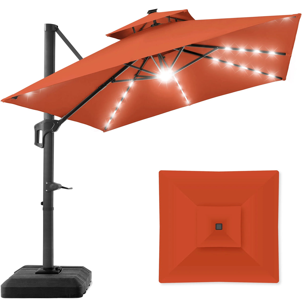10x10ft 2-Tier Solar LED Cantilever Patio Umbrella with Base F661