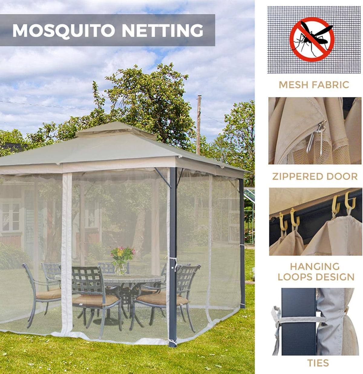 10x10 Outdoor Gazebo with Mosquito Netting Beige A618472