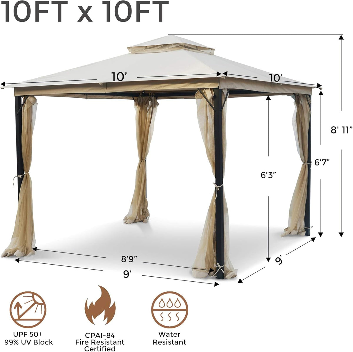 10x10 Outdoor Gazebo with Mosquito Netting Beige A618472