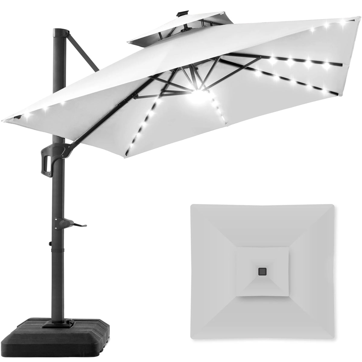 10x10ft 2-Tier Solar LED Cantilever Patio Umbrella with Base F661