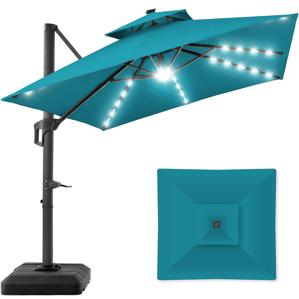 10x10ft 2-Tier Solar LED Cantilever Patio Umbrella with Base F661