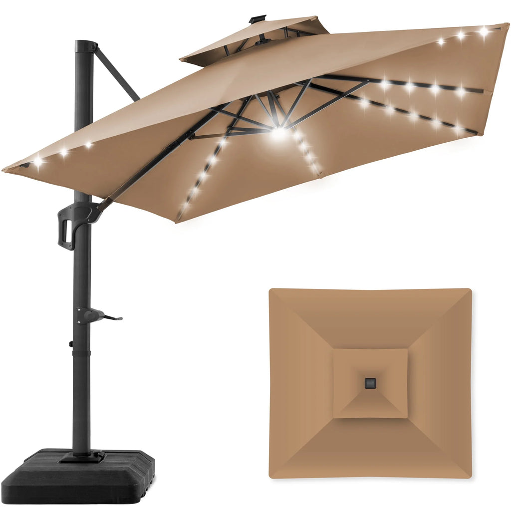 10x10ft 2-Tier Solar LED Cantilever Patio Umbrella with Base F661