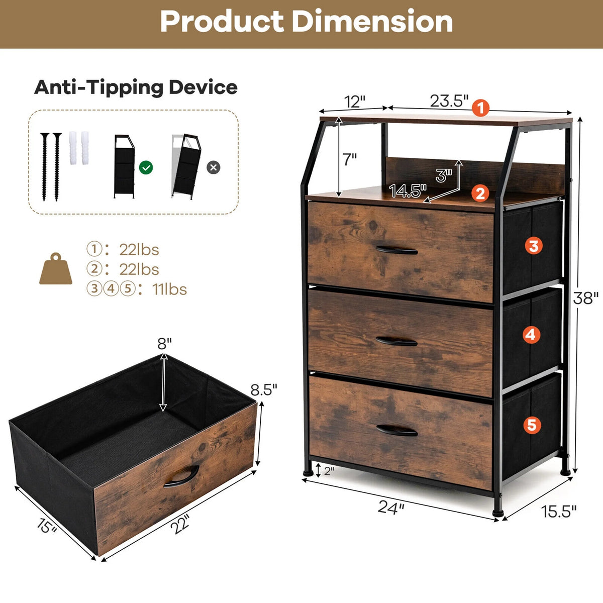 3 Drawer Dresser with Top Shelf J53688